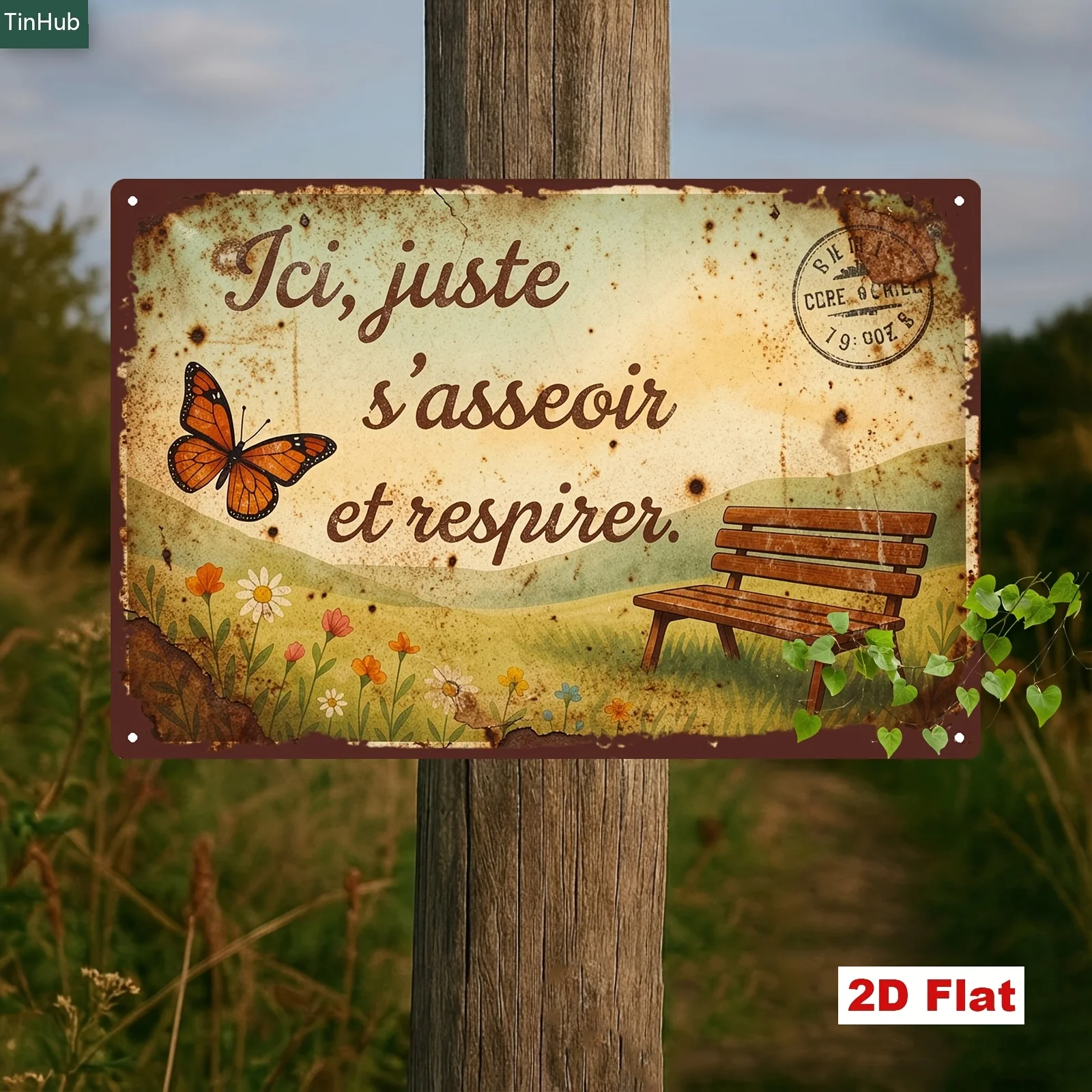 2D Flat - 2DFLAT 2D Flat 1pc Vintage French Slogan Sign Decorative Plaque - French-Style Pastoral Scenery with Butterfly and Ben