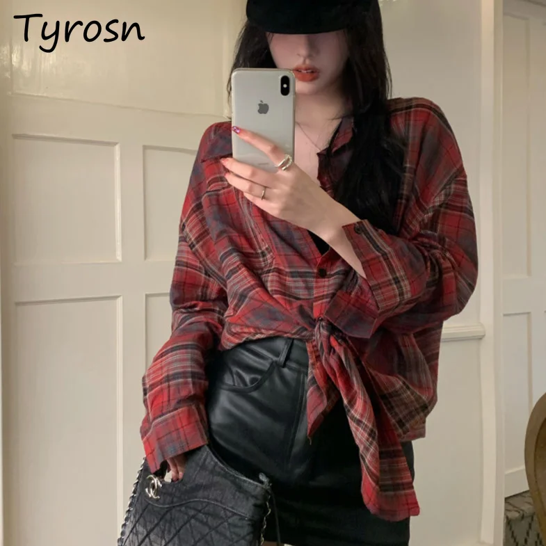 Red Plaid Shirts Women Single Breasted Turn Down Collar Long Sleeve Tops Sun-proof Autumn Streetwear Fashion Casual Korean Style