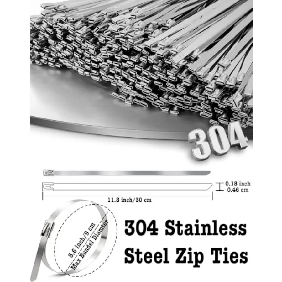 50Pcs Metal Zip Ties, Heavy Duty Stainless Steel Cable Ties, 11.8 inch 304 Stainless Steel, Self-Locking, Holds 198 Ibs, Hear R
