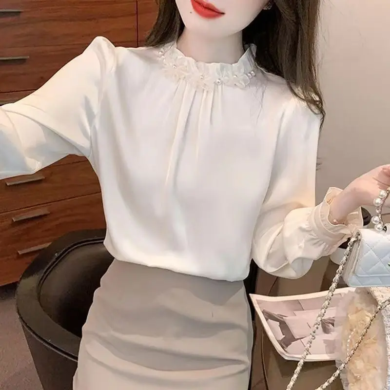 2023 Spring Autumn Stand Collar Fashion Solid Color Long Sleeve Blouse Women Elegant Pleated Edible Tree Fungus All-match Shirt