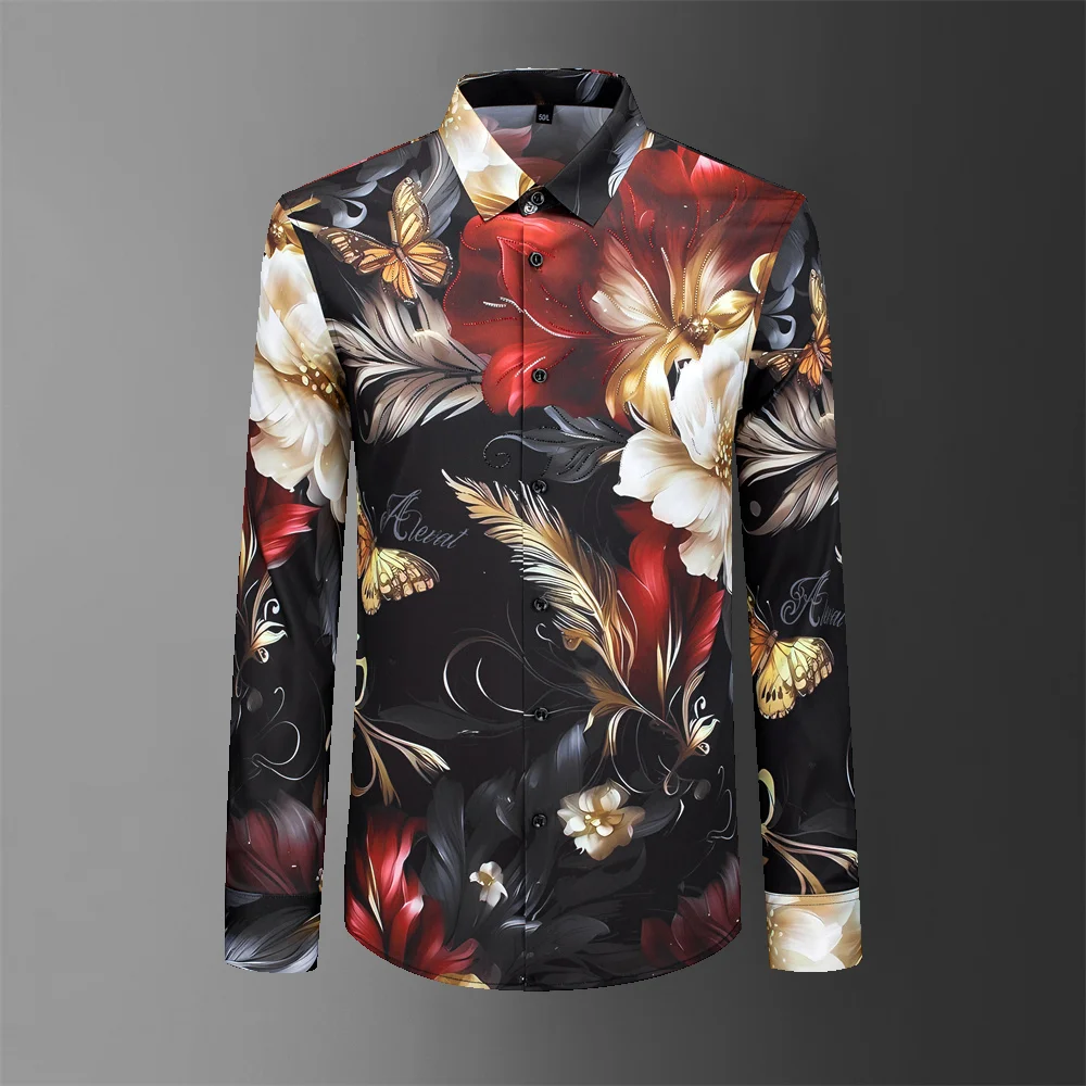 2025 Camisa de manga larga con estampado de flores Retro para hombre, Camisa barroca de lujo, trajes de Club Social, Camisa Masculina