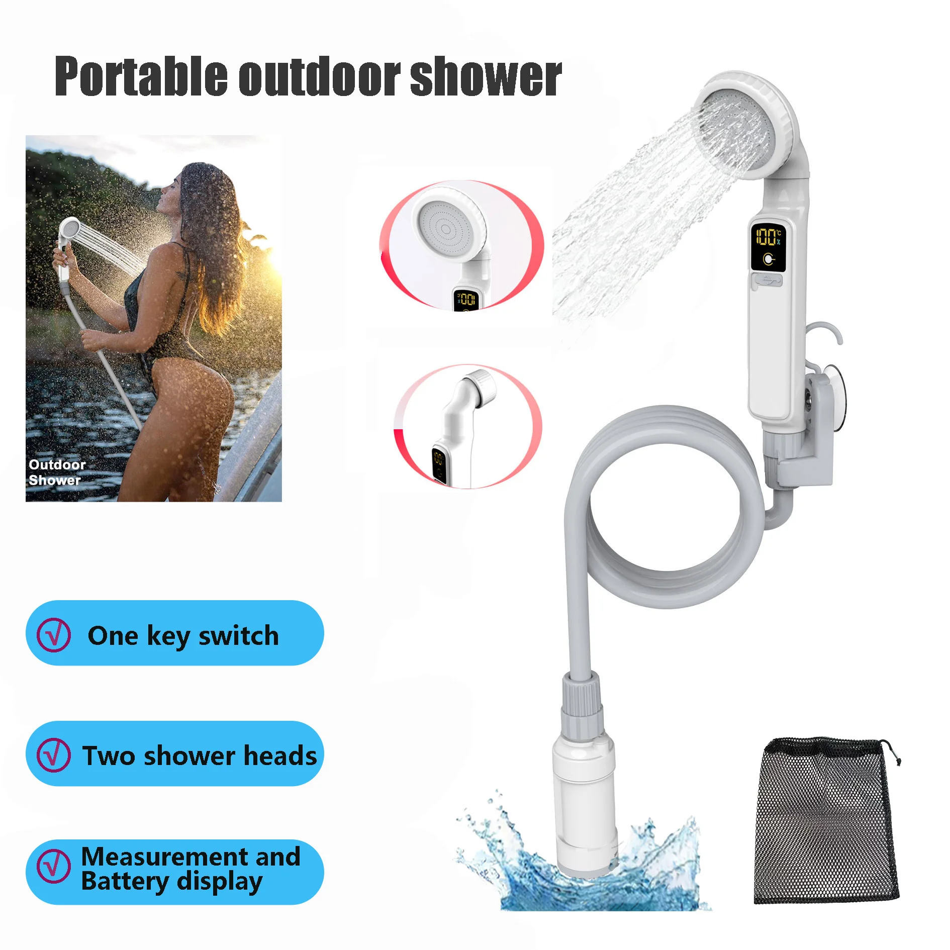 Portable outdoor shower pump camping shower rechargeable with display screen, suitable for hiking camping&RV&hiking shower
