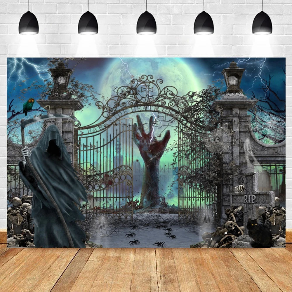 Horror Skeleton Cemetery Tombstone Backdrop Full Moon Halloween Night Party Family Children Portrait Photography Background