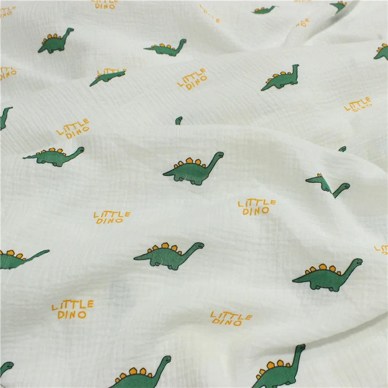 100x135cm Cute Dinosaur Printed Double Layer Cotton Crepe Fabric Breathable Pure Cotton Fabric DIY Sewing Baby Clothes