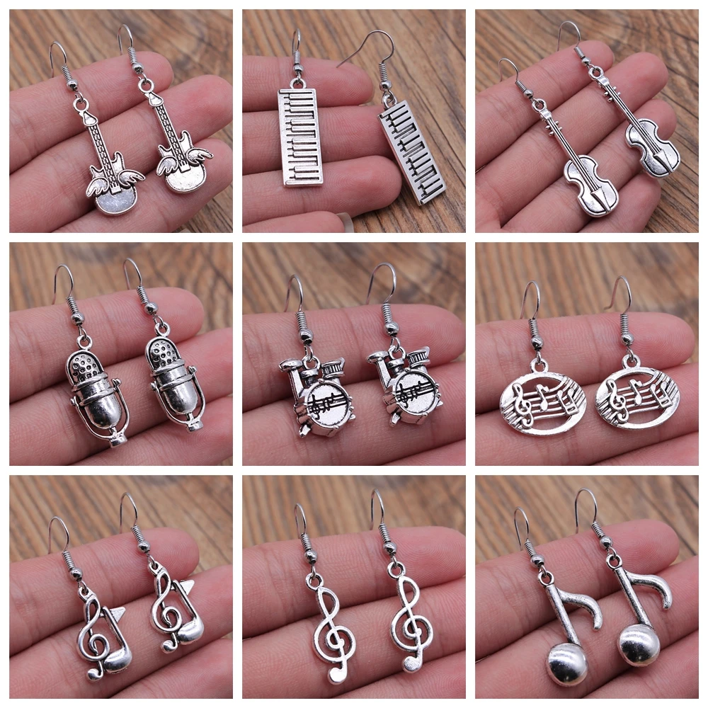 Pendientes colgantes con forma de violín para niñas y mujeres, joyería Musical, nota Musical, micrófono, tambor, guitarra
