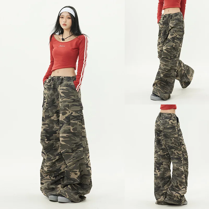 

2025Autumn New American Retro Camouflage Cargo Pants Women High Street Fashion Versatile Drawstring Loose Wide Leg Long Pant