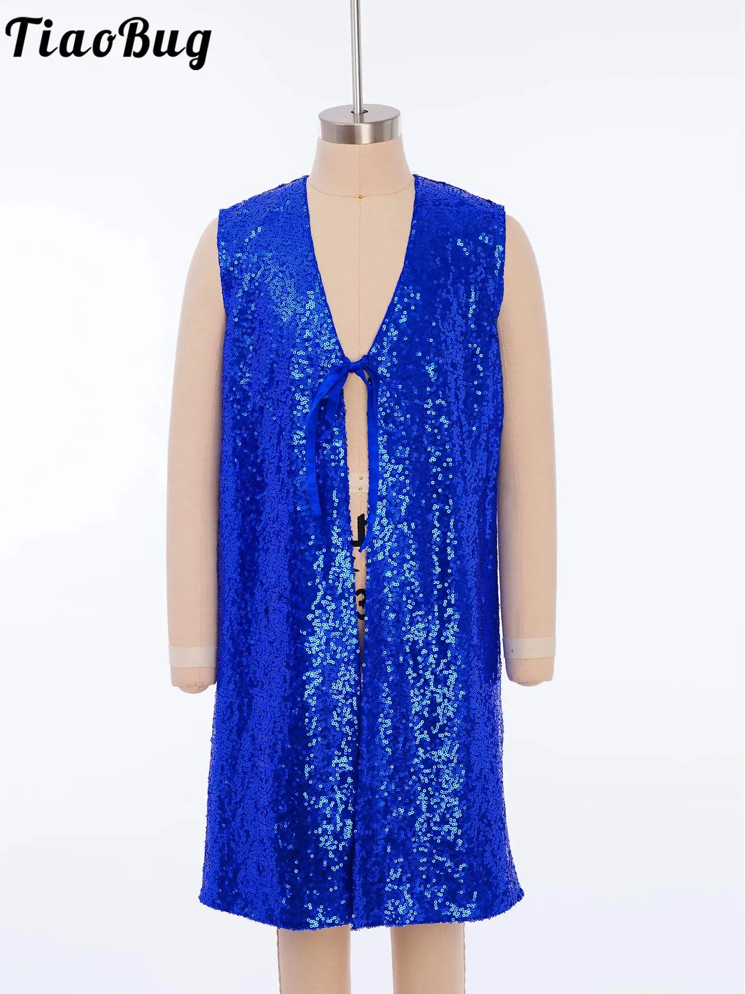 

Kids Girls Praise Worship Jazz Dance Costume Open Self-Tie Sleeveless Split Sequins Tunic Waistcoat for Shows Stage Performance