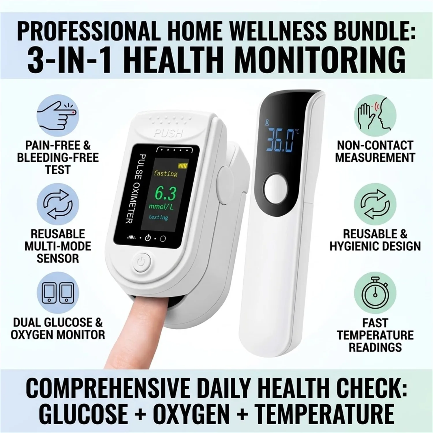 No Blood Required 2-in-1 Blood Sugar & SpO2 Monitor, Painless Finger Clip Oximeter,Infrared Forehead Thermometer