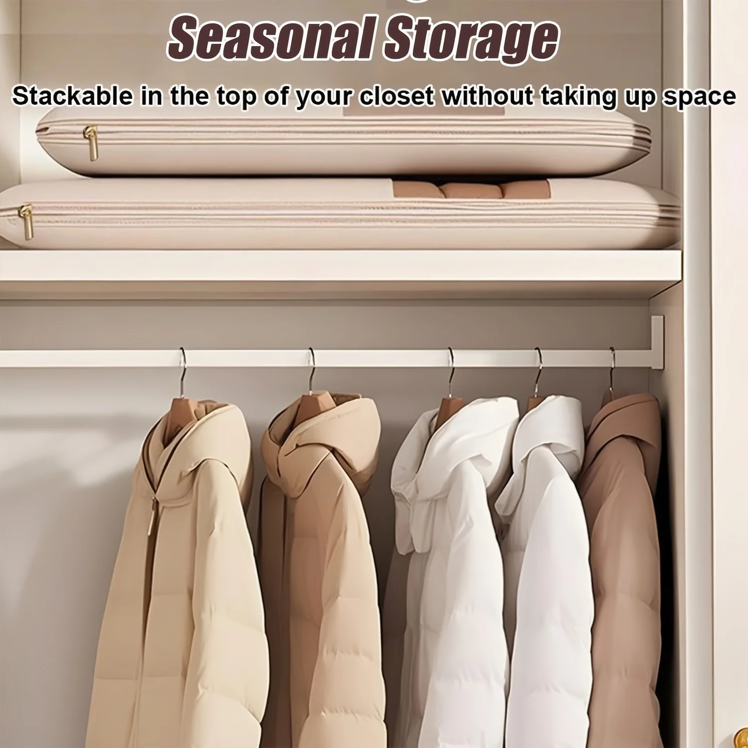Beige Compression Hanging Bag, 40% Space-Saving Vacuum Seal, See-Through Storage with Durable Zipper for Winter Clothes