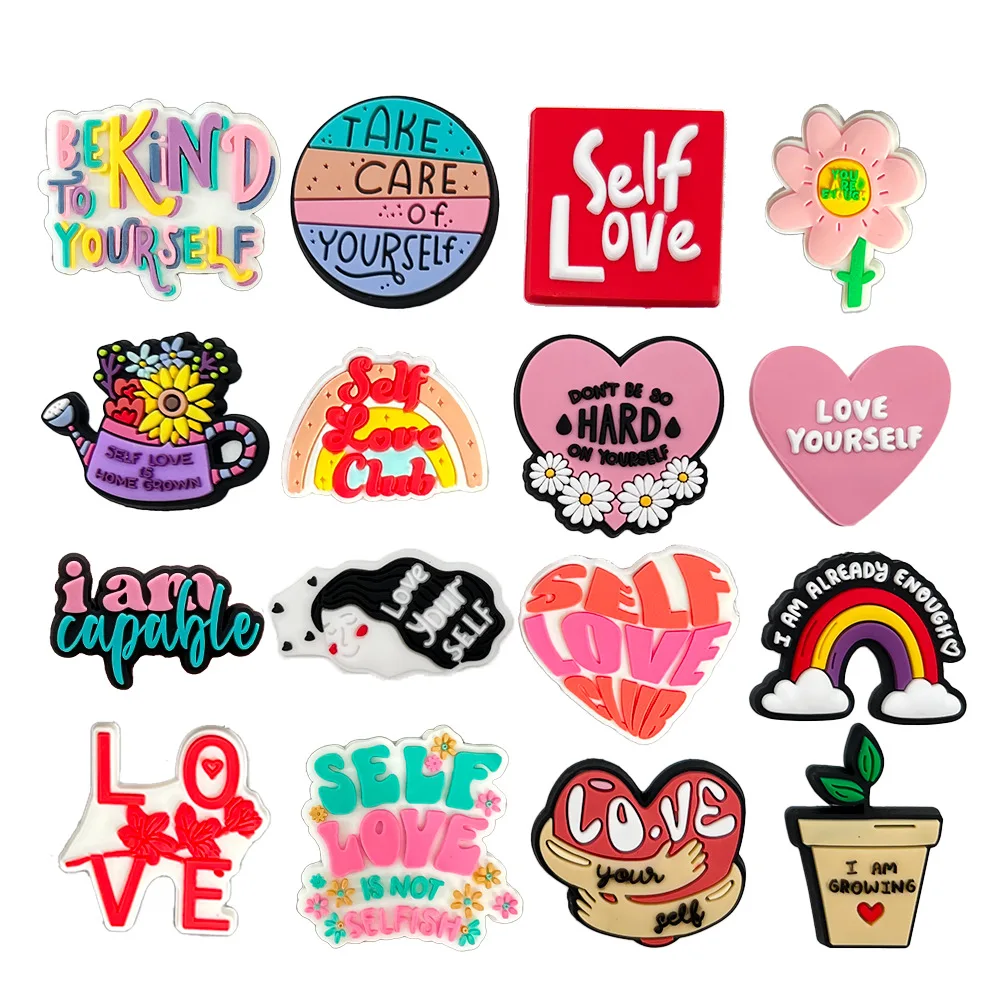 16Pcs/set Cartoon love yourself Shoe Charms DIY Hole Shoes Detachable Buckle Garden Shoes Accessories Girls Women Festival Gift