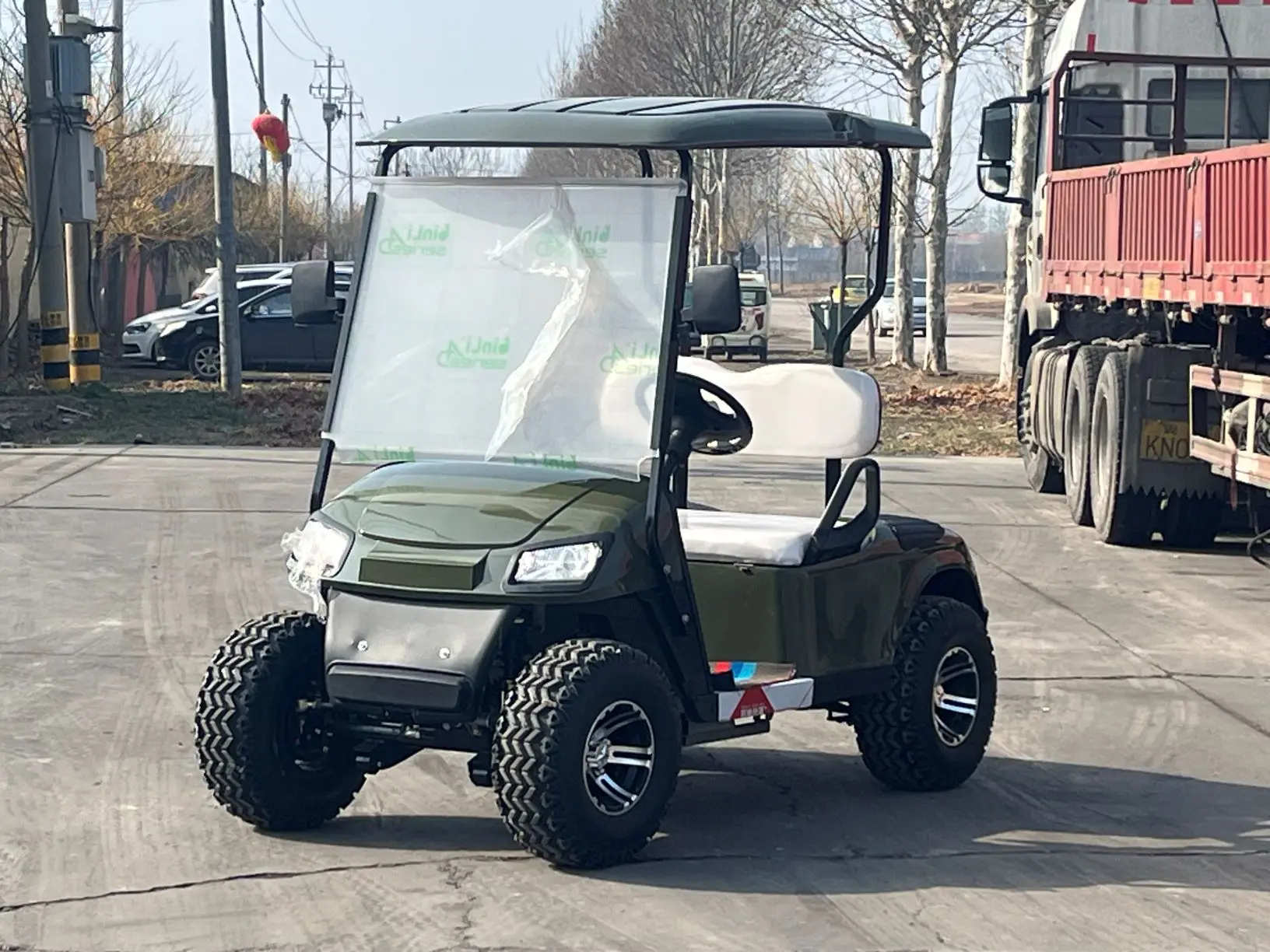 Green 2 Seater Electric Golf Cart with All-Terrain Tires Utility Vehicle for Urban Park Golf Course Community Use
