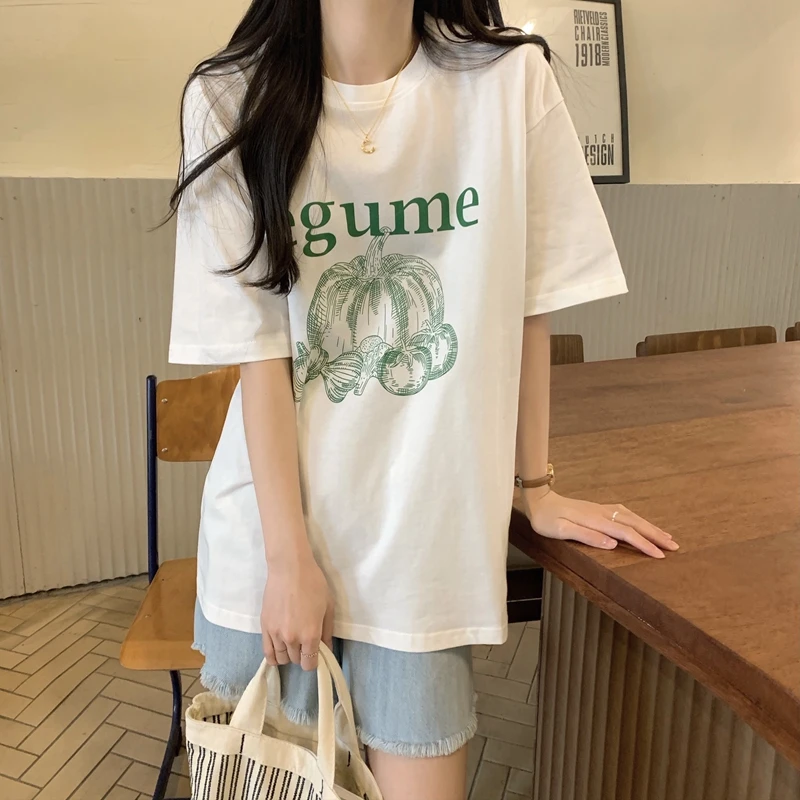 Pumpkin Print Summer T-Shirts Women O-Neck Short Sleeve Casual Korean Shirts Letters Loose Vintage Elegant Tops Tees White