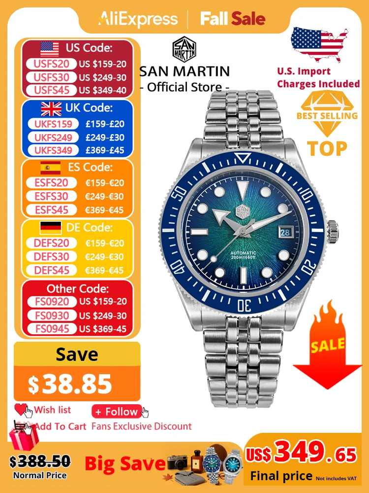 

San Martin 40mm Men's Luxury Diver Watch Miyota 9015 Enamel Sunburst Dial Automatic Mechanical Wristwatch Waterproof 200m SN0148