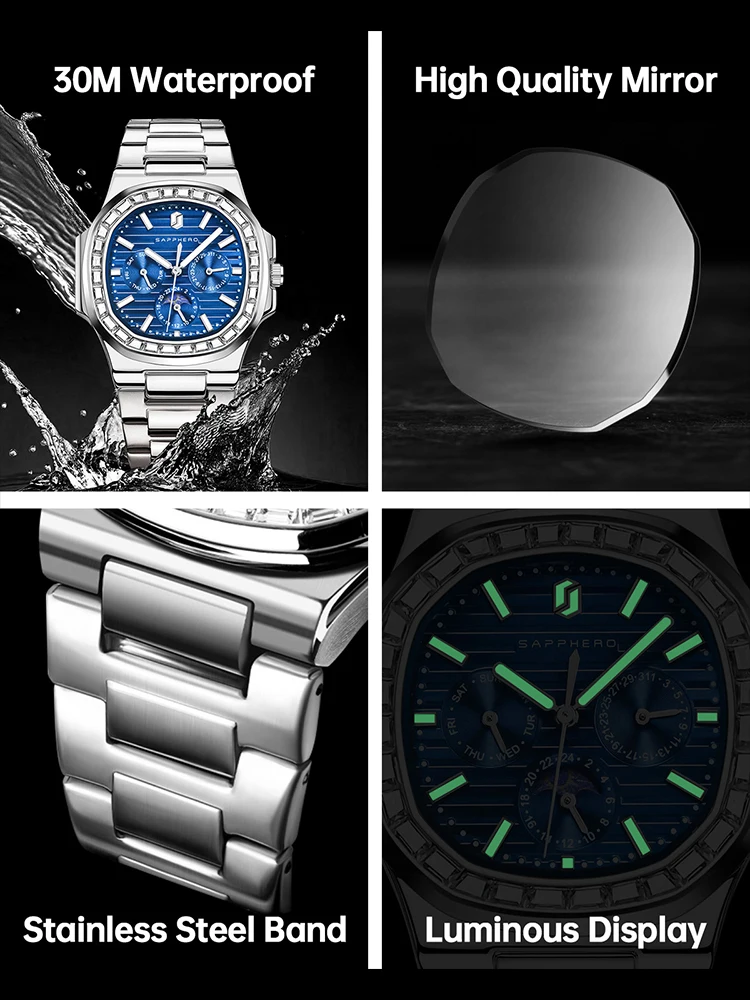 SAPPHERO Relojes de lujo para hombre, reloj con diamantes para hombre, esfera multifunción, resistente al agua, reloj de pulsera cuadrado de acero