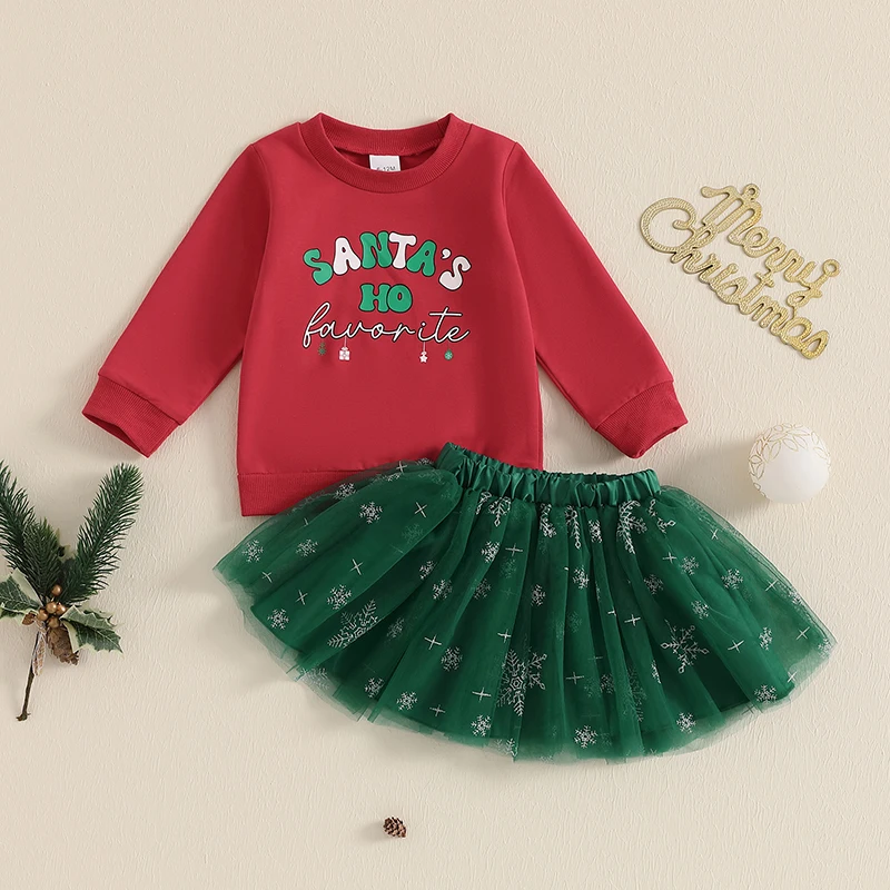 Little Girls Christmas 2PCS Skirt Outfits Long Sleeve Letter Print Sweatshirt Snowflake Print Tulle Skirt Set