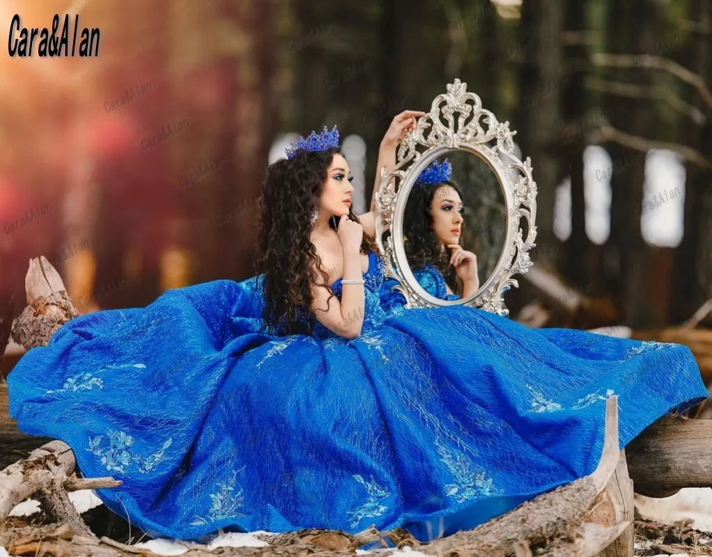 Shinny lantejoulas royal azul quinceanera vestidos com apliques querida vestidos de xv años laço-up volta doce 16 vestidos