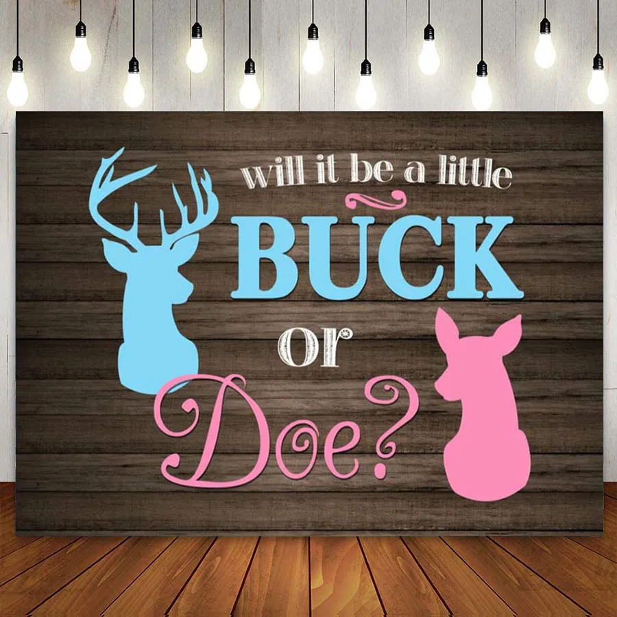 

Фон для фотосъемки Buck or Doe Gender Reveal Baby Shower в деревенском деревянном стиле для мальчиков или девочек с оленем, вечерние, десертный стол, баннер