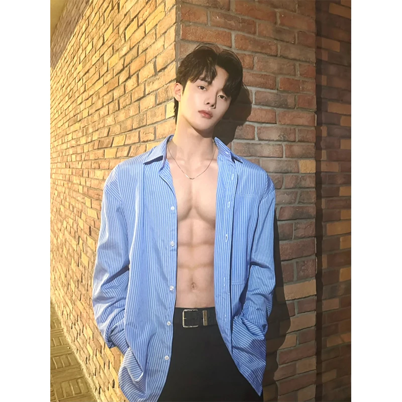 Blue Striped Men's Long Sleeve Shirt Jacket Summer Korean Style Sun Protection Loose Fit Fashionable Turn-down Collar Outerwear