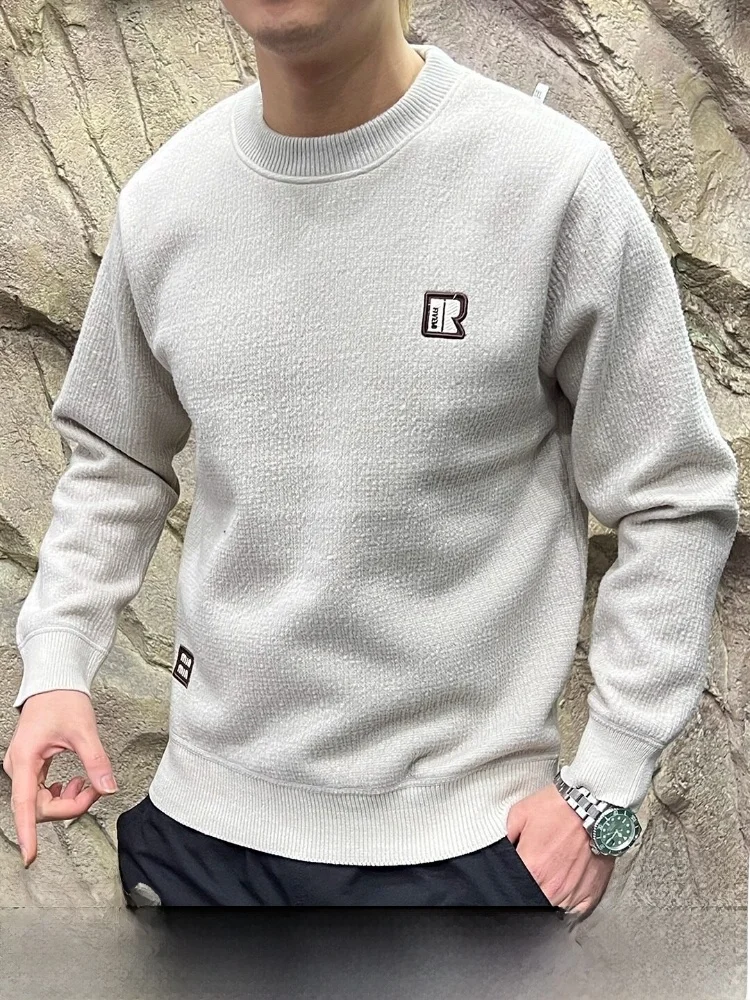 

Модный вязаный мужской свитер с флисовой подкладкой, утолщенный, эластичный, удобный, в повседневном стиле, с круглым вырезом, с длинными рукавами, термотоп