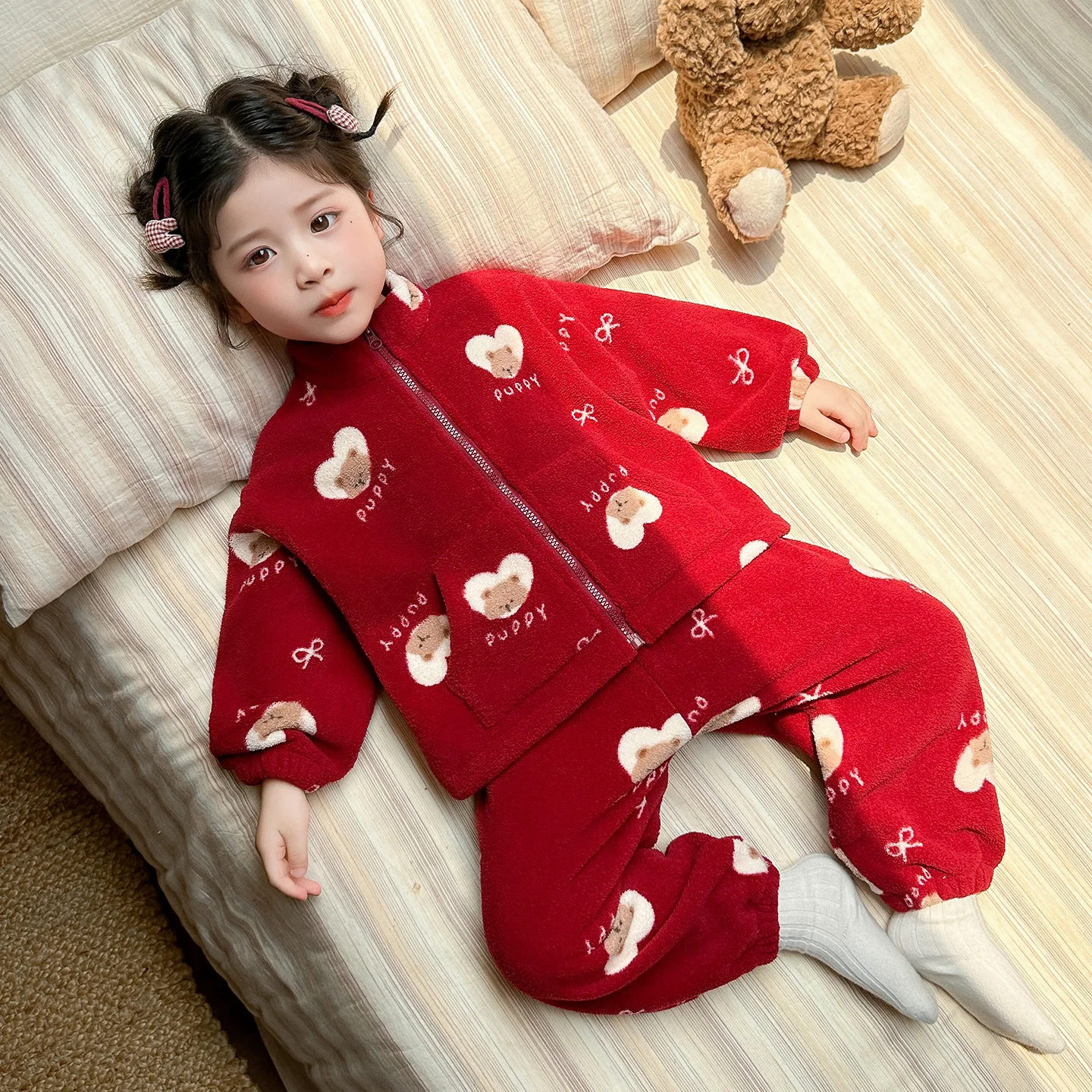 Children Girls Love Bear 2PCS Pajamas Set Korean Winter Zipper Kids Girl Coat Warm Fleece Pant Suit Little Girls Homewear Outfit