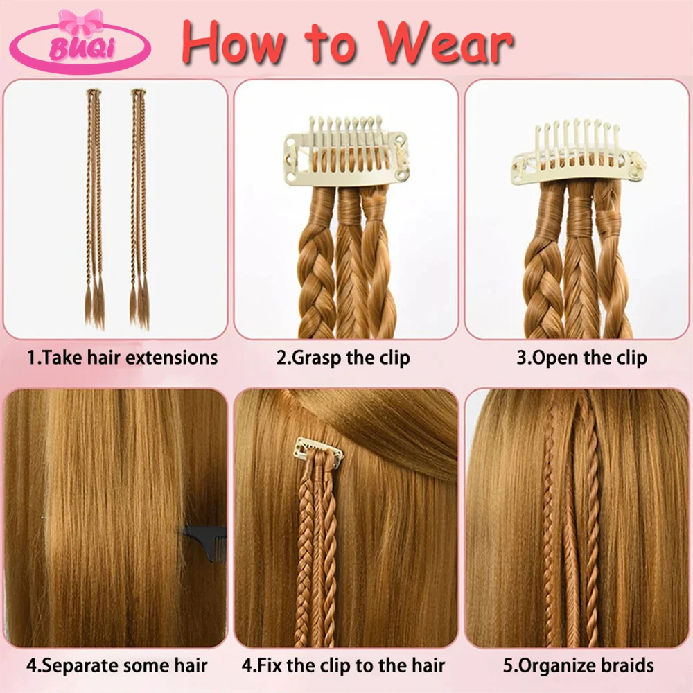 BUQI-trenzas frontales de 1 piezas para niña, Clip con 3 trenzas, pelo trenzado de temperamento, postizos sintéticos suaves y naturales