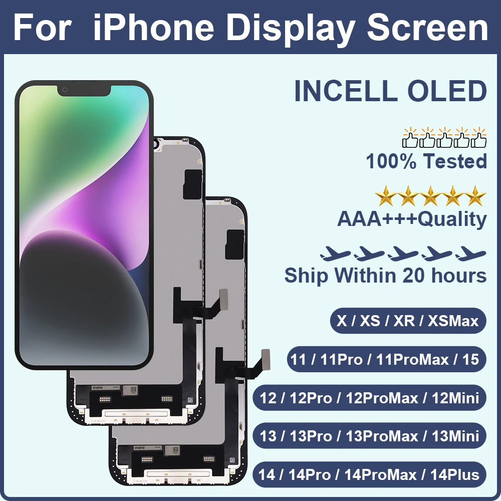High Quality INCELL For iPhone X 11 12 13 Pro Max 13 Mini 14 Plus For iPhone 15 Pro Max OLED Display Screen Digitizer Assembly