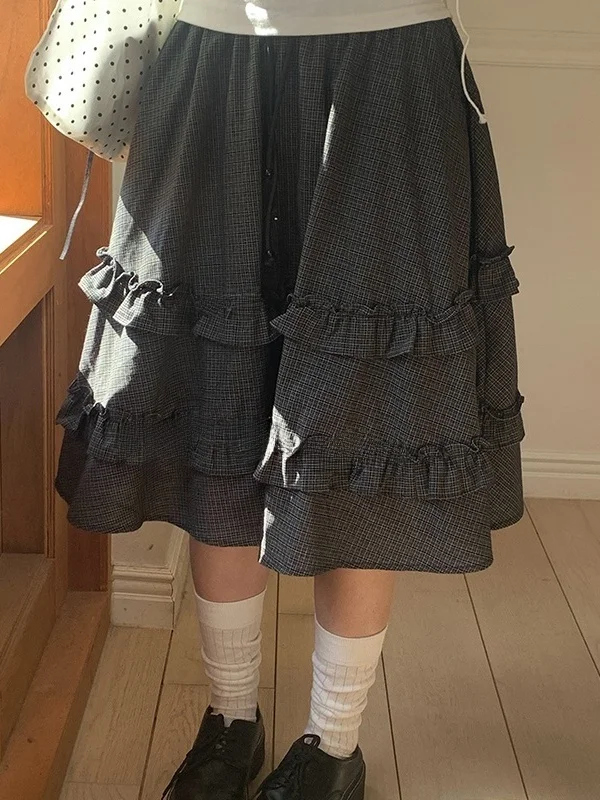 Summer Plaid  Skirt Women's Sweet Style Elastic Waist Gingham Black Dress with Wood Grain  Bows Half-length Skirts
