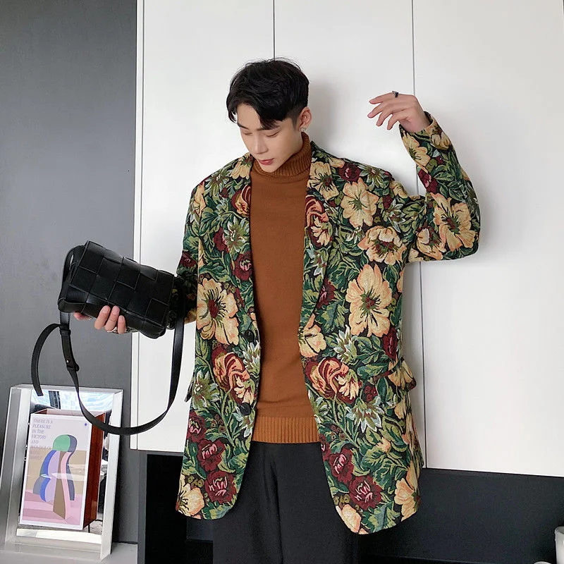 

new Spring vintage print suit coat for men trend design causal fit loose blazers for male 2022 tide clothes 2Y4788