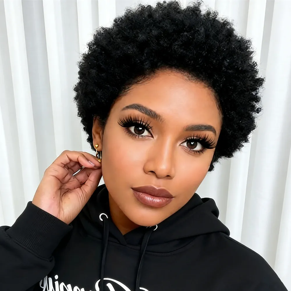 

Короткий парик из натуральных человеческих волос, парик-пикси машинной работы, афро-кудрявый парик-пикси, натуральный черный цвет, для женщин, для повседневного использования и вечеринок.