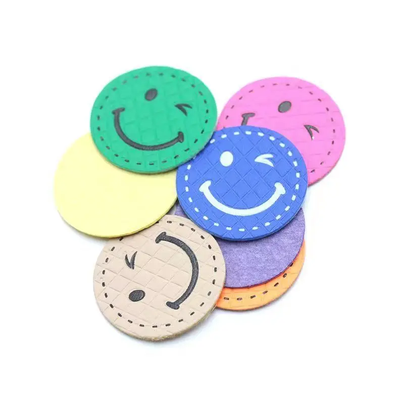 20Pcs/Lot Smiley face label fluorescent PU leather label back label Handdade DIY accessories cloth sticker for clothes bags