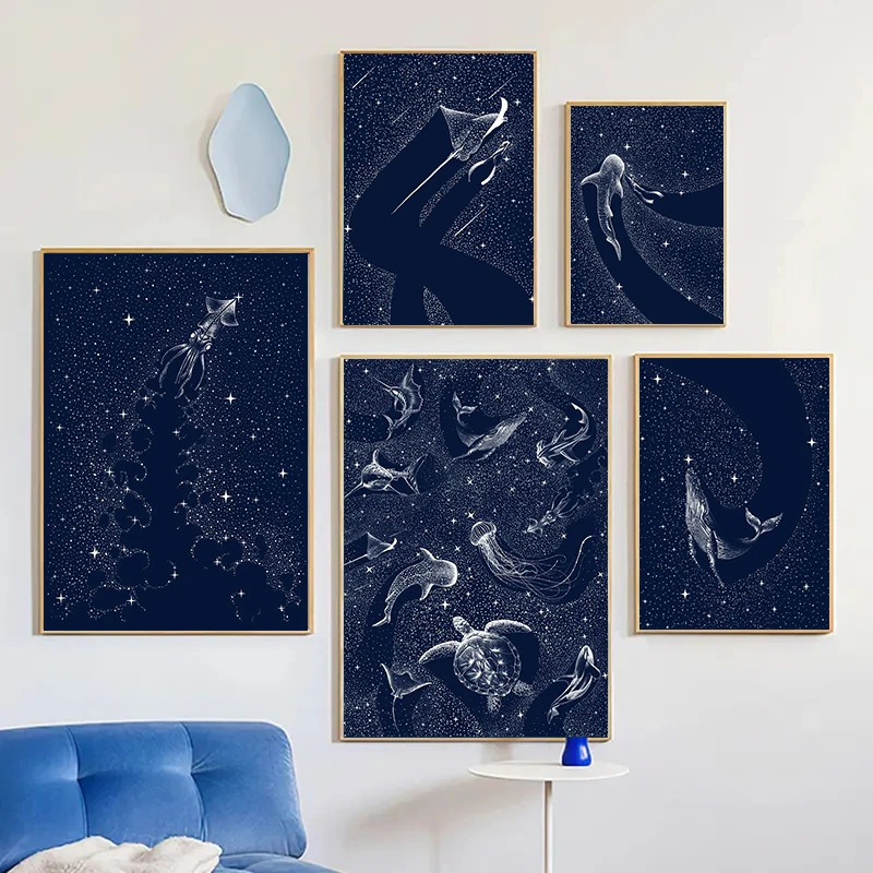 Nordic Cosmic Ocean Animals Poster Starry Jellyfish Turtle Whale Canvas Painting Wall Art Picture for Living Room Home Decor