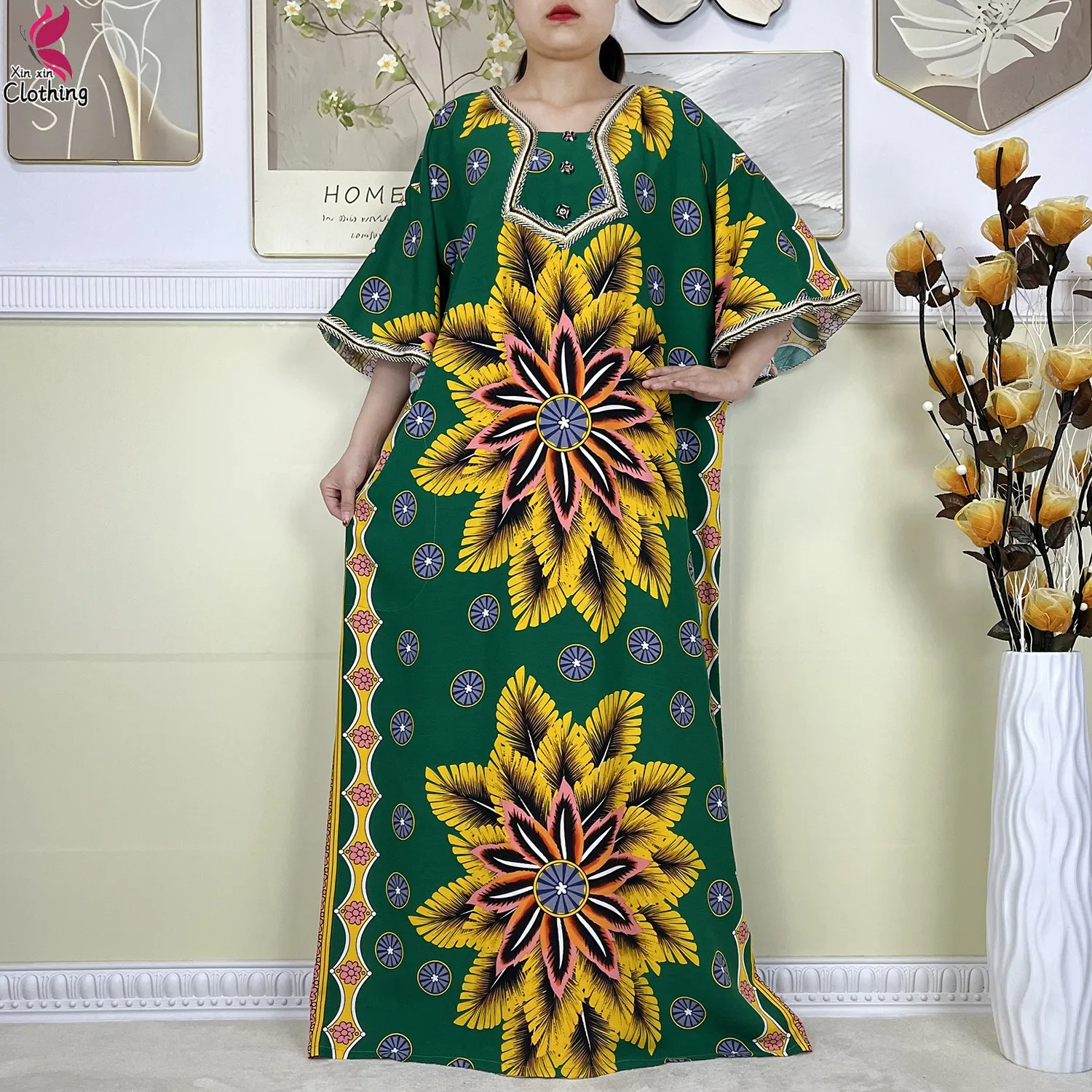 New Style High Quality Muslim Abayas For Women Dress 100%Cotton Dubai Fashion Pocket Printed African Dashiki Femme Loose Dress