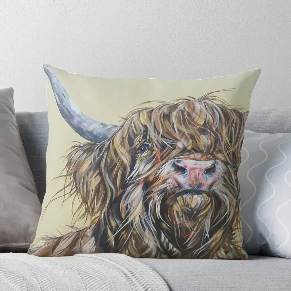 Wally McWindy. Highland hairy cow, Heilan Scottish funny coo art by award-winning UK artist Sam Fenner Throw Pillow