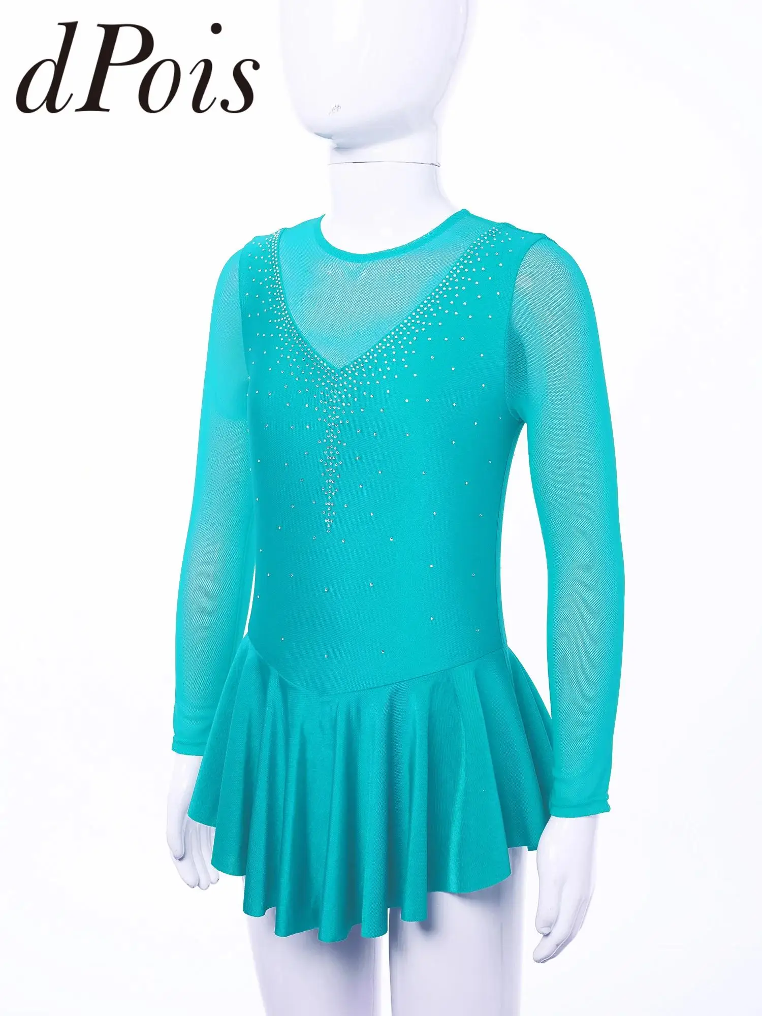 Girls Rhinestone Figure Skating Dress Ballet Leotards Dresses Mesh Splice Style Ice Skating Gymnastics Performance Dancewear