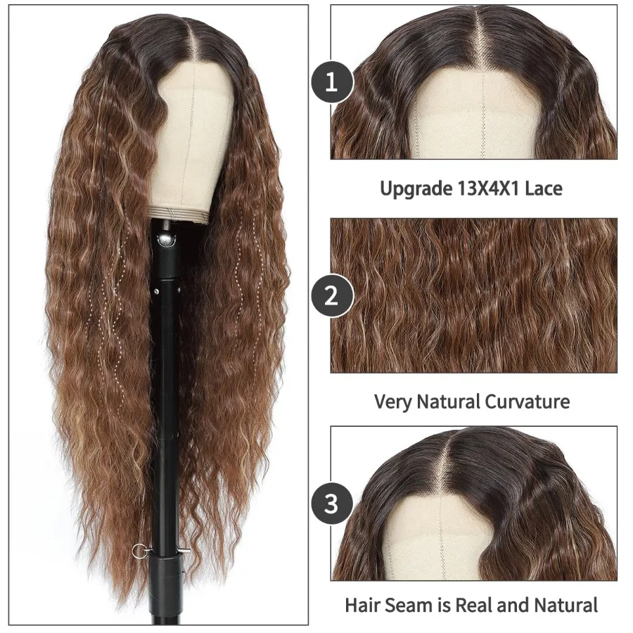 باروكات صناعية بدانتيل أمامي مقطوعة مسبقًا 13x4x1 الجزء الأوسط باروكات مموجة طبيعية بدون صمغ للنساء السود تسليط الضوء على أشقر بني مختلط