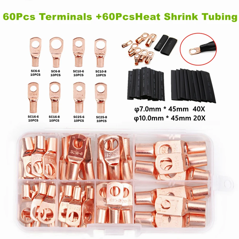 120Pcs SC6-SC25 Car Auto Copper Lug Ring Bare Terminals Lugs Seal Crimp Connectors Heat Shrink Tubing Assorted Kit
