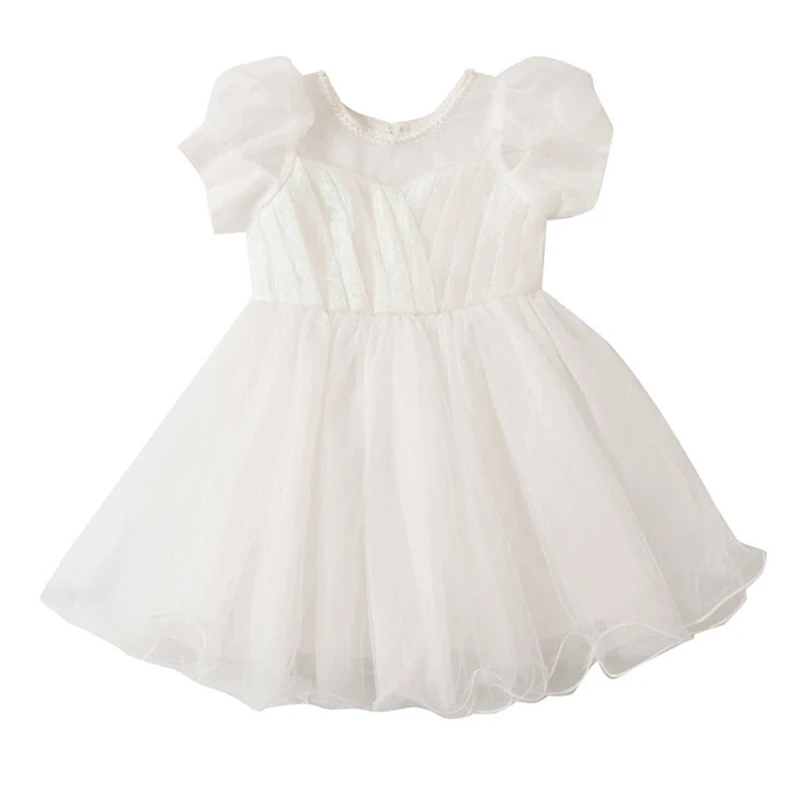 Vestidos de Fiesta blancos de verano para niña, vestidos de baile de rendimiento de boda con flores, volantes de cuentas, vestido de princesa de tul con lazo