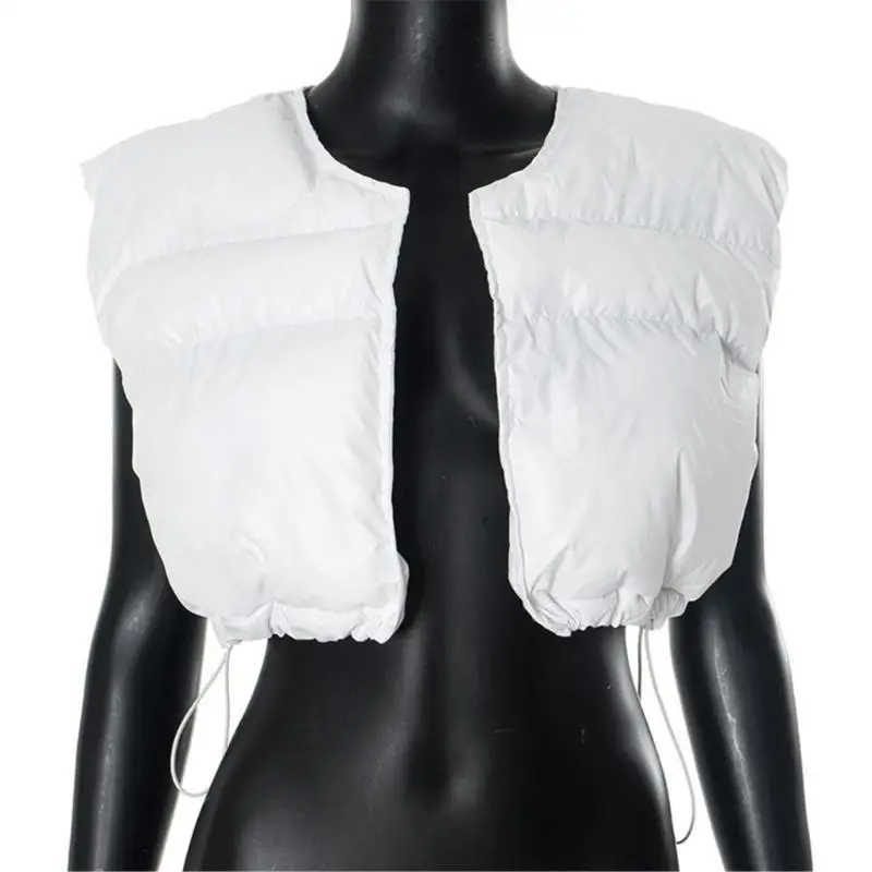 652F Womens Cropped Puffer Vest Sleeveless V Neck Open Front Padded Puffer Coat Drawstring Waist Jackets Loose Outerwear
