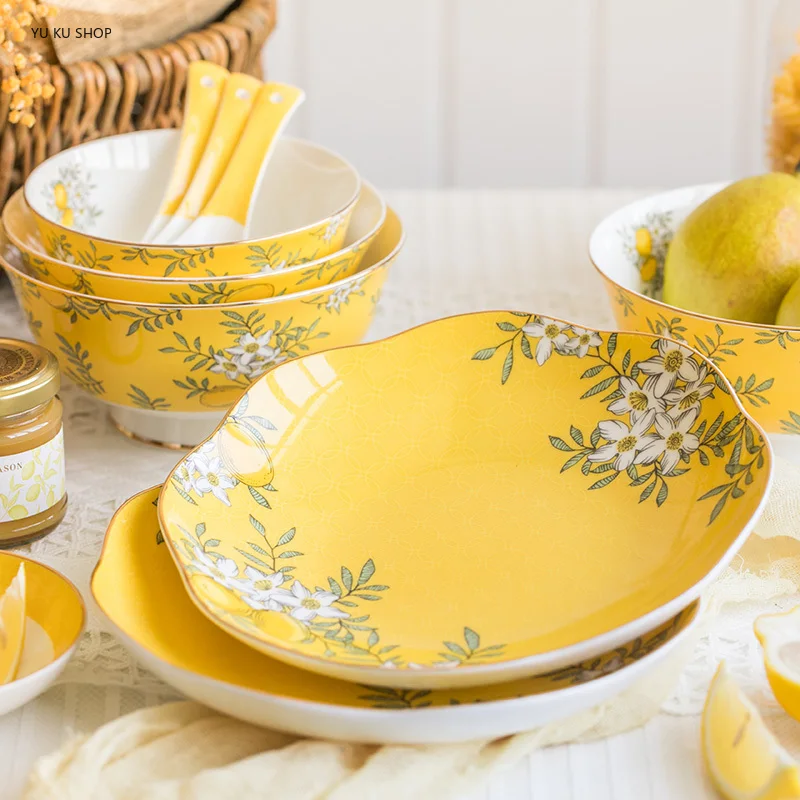 

British Lemon Tree Tableware Set Bone China Blow Dinner Plate Dish Spoon Home Kitchenware Dinnerware Porcelain Dinner Set Gift