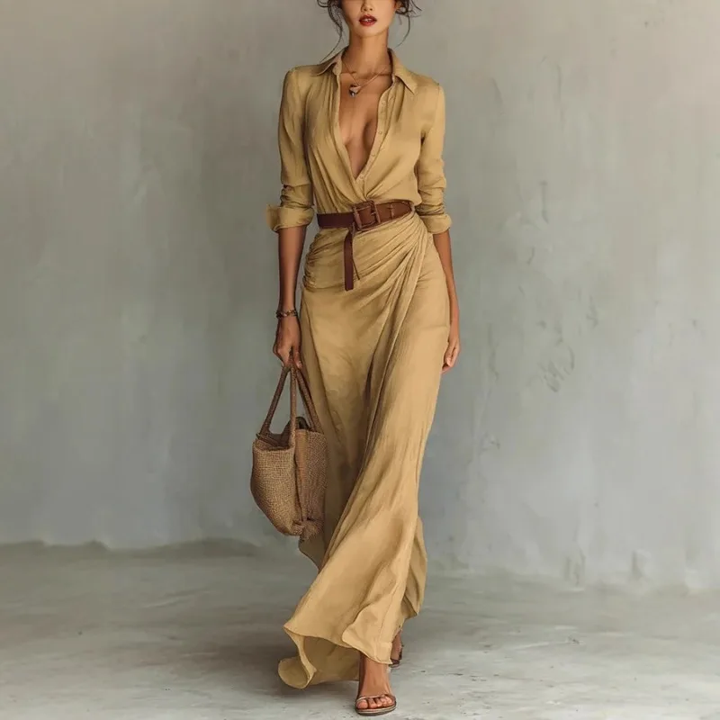 エレガントな女性はベルト付きロングドレスを折り畳みますシックな秋長袖ターンダウンカラーイレギュラーシャツドレスストリートウェア
