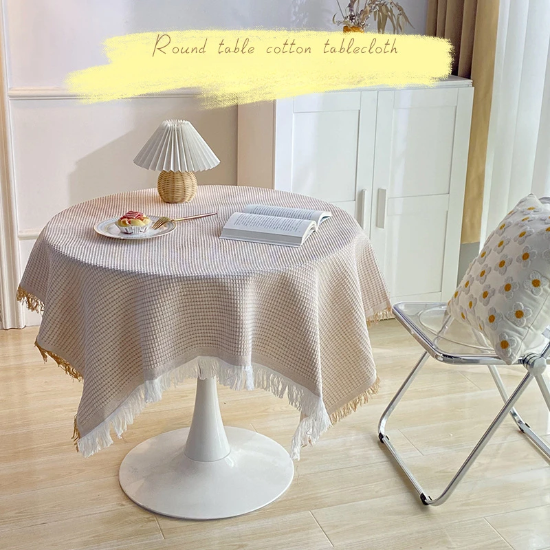 Korea Round Table Cotton Linen Table Cloth Light Luxury Birthday Tea Homestay Tassel Table Cloth Decoration Home Table Mat