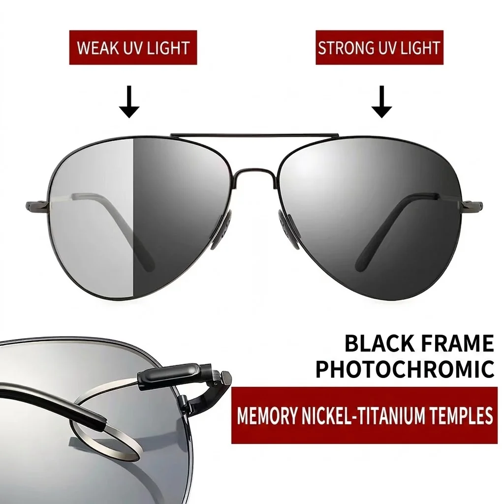 Memory-Metall Piloten-Sonnenbrille für Herren, Polarisiert mit Flexiblen Titan-Bügeln, Fahrerbrille, Photochrome Chamäleon-Brille mit UV-Schutz
