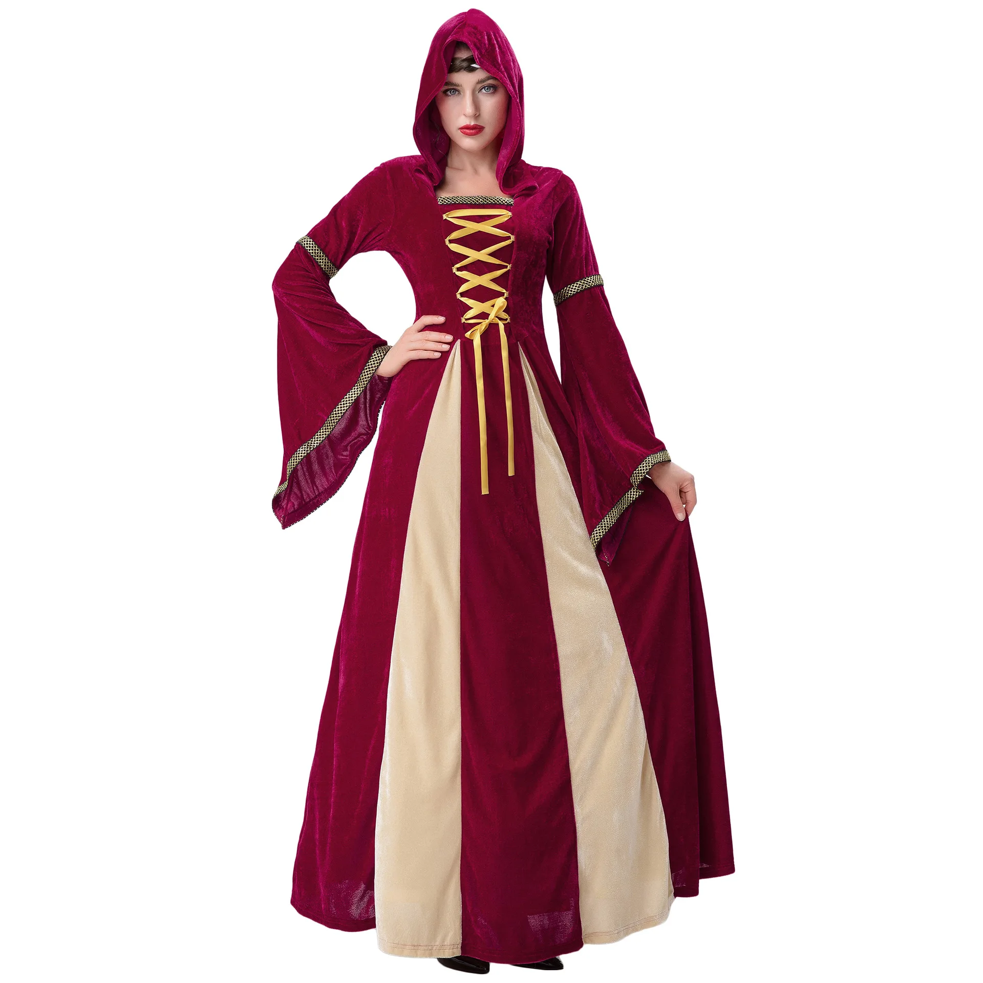S-XXL disfraz de reina de la corte Medieval con capucha vestido gótico de vampiro zombi bruja vestido de princesa Noble