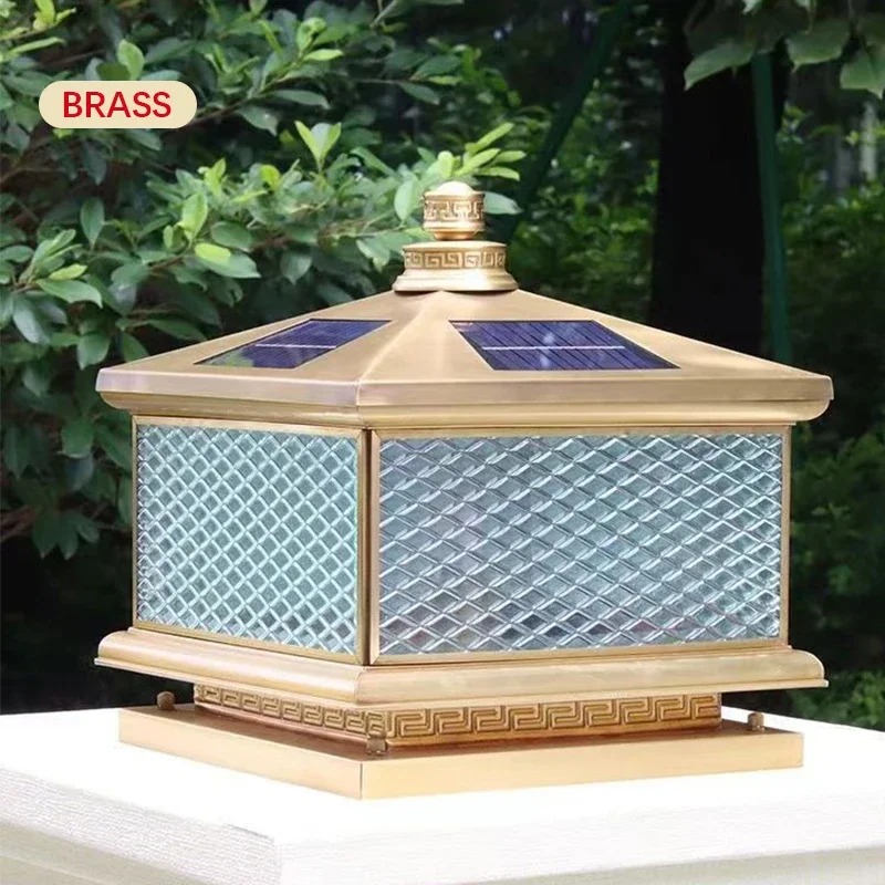 KERWIN Outdoor Solar Post Lamp Vintage Creative Chinese Brass  Pillar Light LED Waterproof IP65 for Home Villa Courtyard