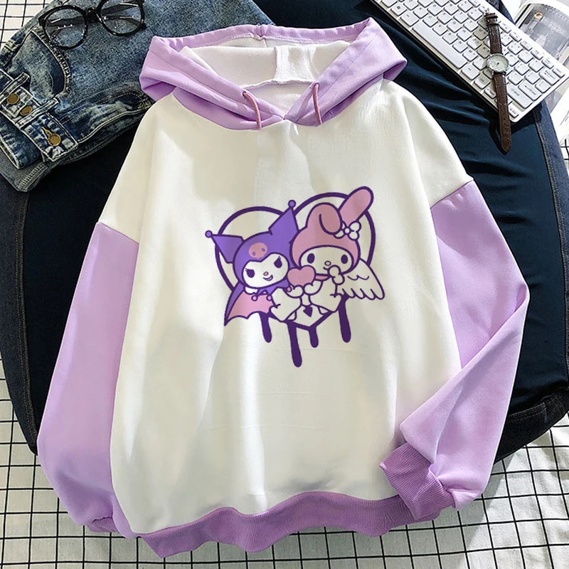 

Cartoon Kuromi Melody Women Loose Fashions Hoodies Winter Vintage Harajuku Schoolgirl Patchwork Sweatshirt Pullover Hoodies