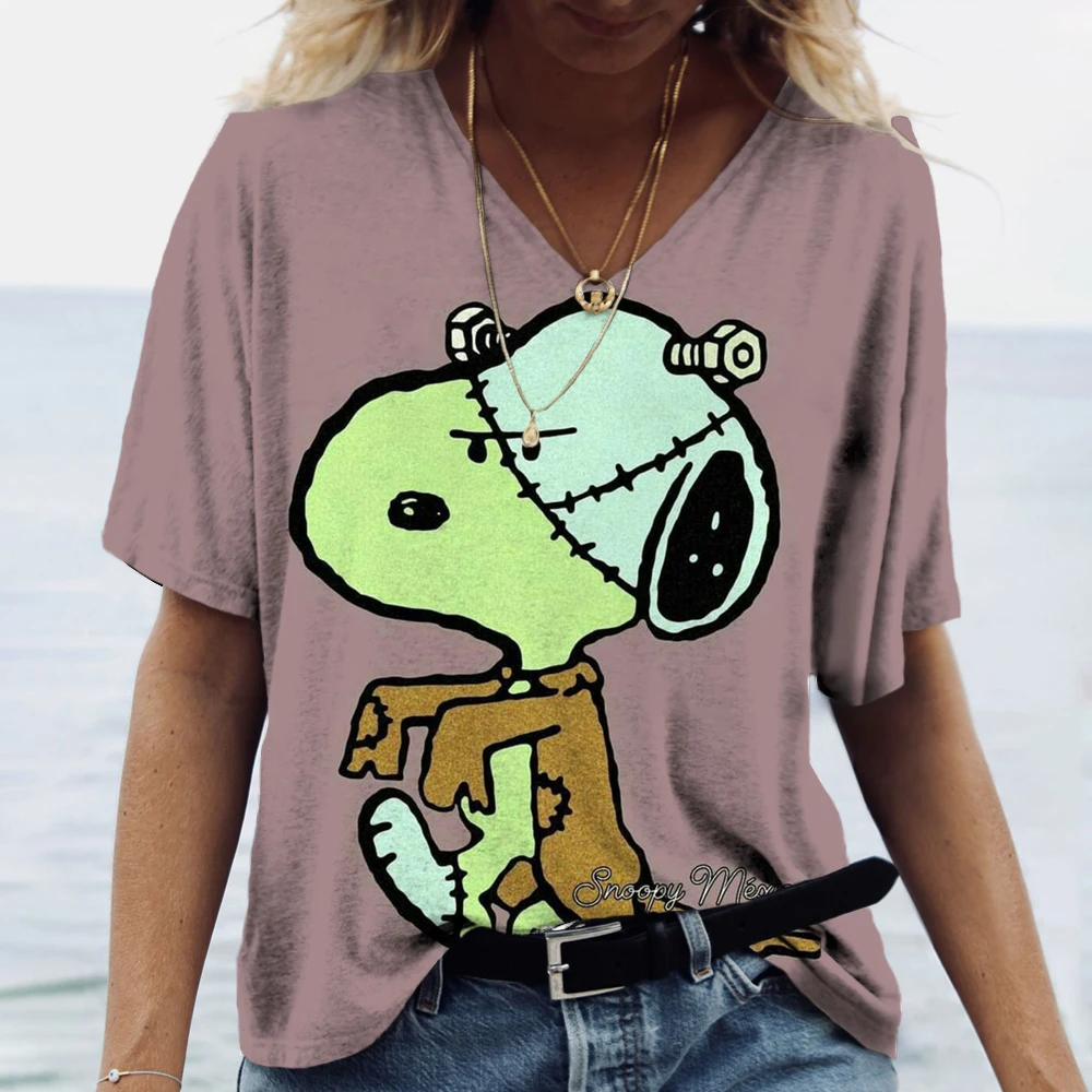 Summer Casual Loose Women\'s MINISO Snoopy Painting T Shirt Graphic Print V Neck Top Fashion 3d Print Plus Size Clothing ﻿