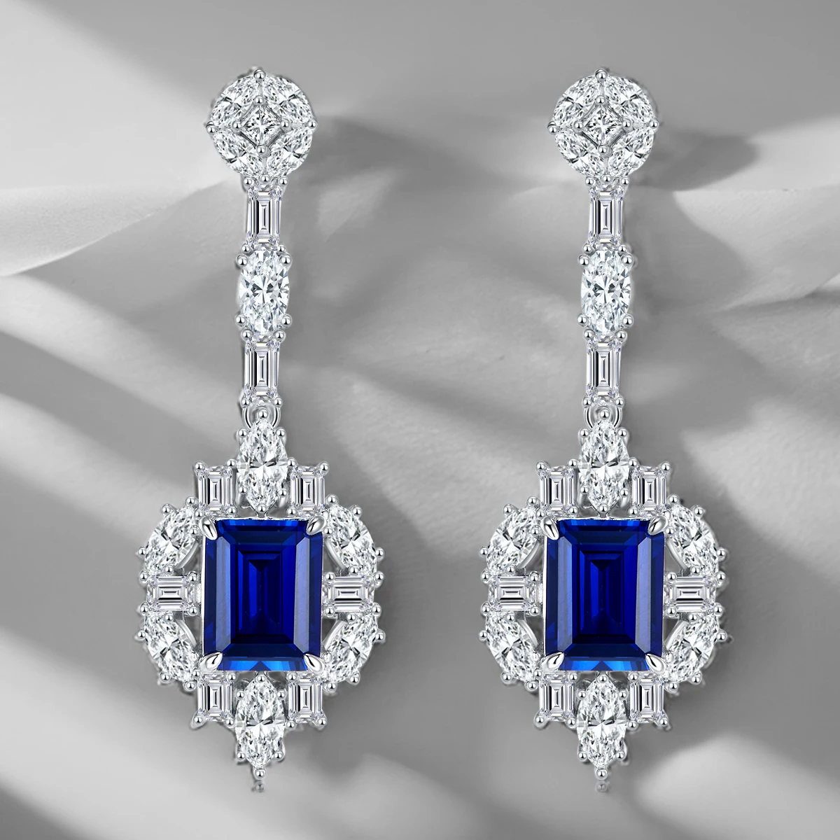

Fashion Exquisite S925 Silver Rectangular Cultivation Sapphire Earrings Long Trend Exquisite Inlaid White Zircon Jewelry