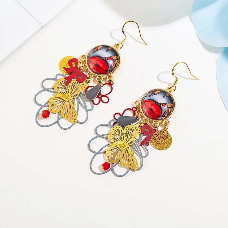 Chic Boho Yellow Gold Butterfly Drop Earrings Fashion Cabochon Lips Opera Tulle earring For Women Girls Wedding Gift