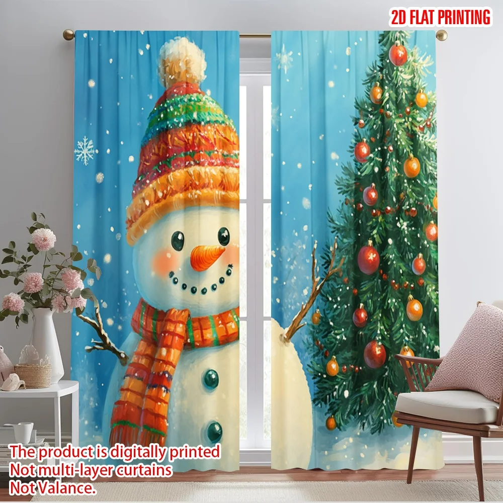 2pcs,2D plane printing Pattern Curtains Cute Snowman Christmas Tree_d (3) 100% Polyester (without rod) All Seasons Perfect for