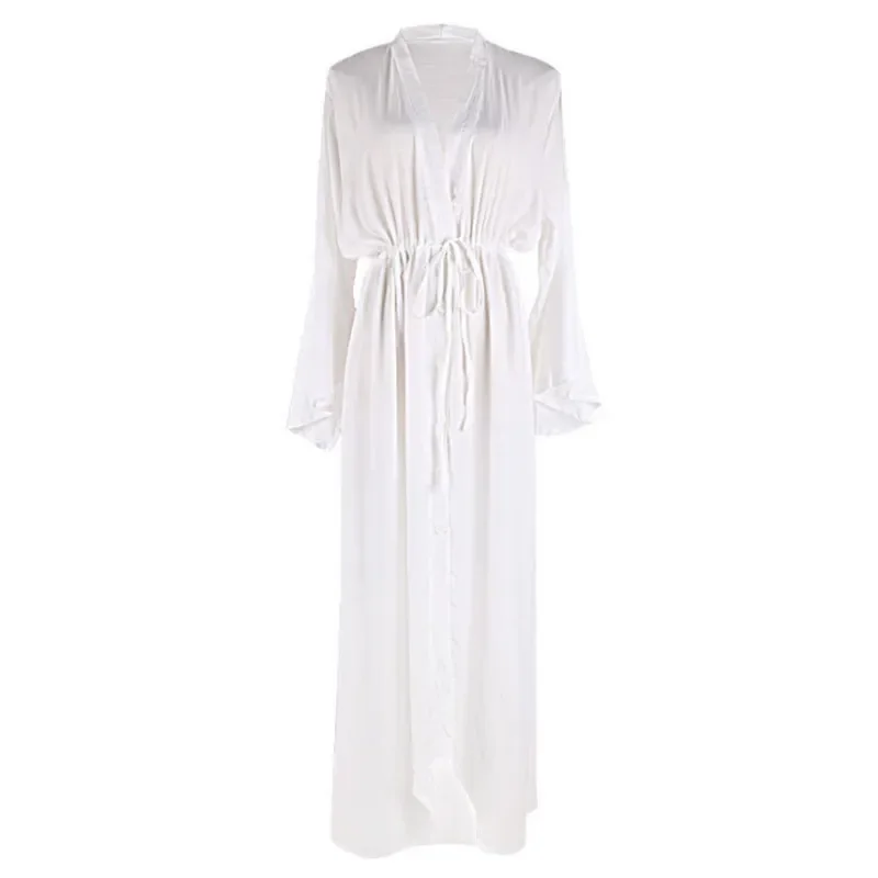 Nova praia sexy longo maxi vestido feminino praia cobrir túnica pareo branco com decote em v vestido robe banho cobrir bikini beachwear